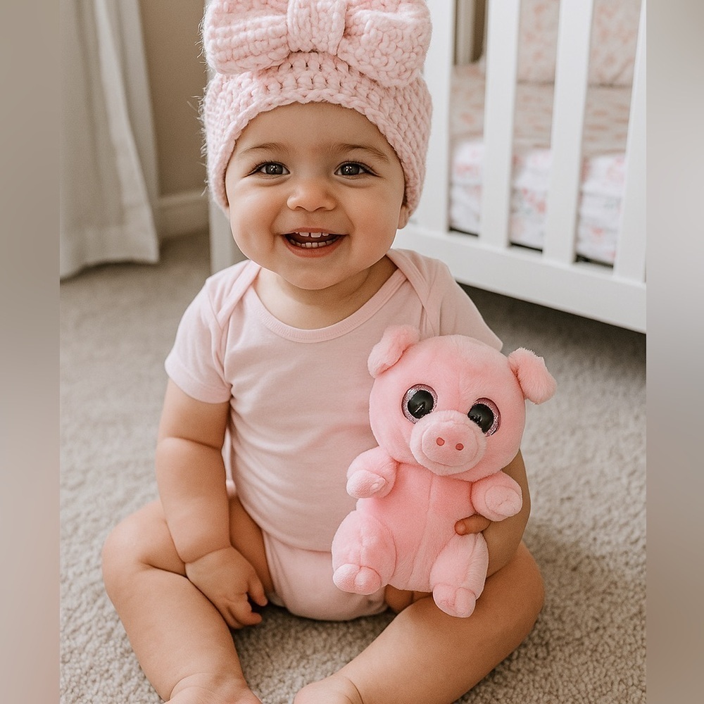 Toddler Fun Bundle TY Posey Pigglet plushie& crochet oversized bow beanie pink